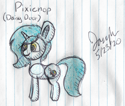 Size: 2220x1892 | Tagged: safe, artist:mlplayer dudez, artist:solder point, imported from derpibooru, oc, oc only, oc:daisy door, pony, unicorn, colored, ear fluff, female, happy, lined paper, mare, signature, sketch, smiling, solo, traditional art