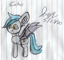 Size: 1892x1772 | Tagged: safe, artist:mlplayer dudez, artist:solder point, imported from derpibooru, oc, oc only, oc:echo, bat pony, pony, bat pony oc, bat wings, happy, lined paper, signature, sketch, smiling, solo, traditional art, wings