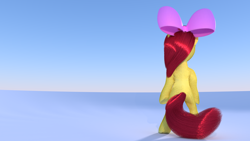 Size: 2560x1440 | Tagged: safe, artist:blenderpony, derpibooru exclusive, imported from derpibooru, apple bloom, 3d, apple bloom's bow, bipedal, blender, blender cycles, bow, cycles, female, filly, fur, hair bow, rear view, simple background, tail