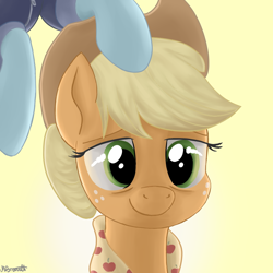 Size: 1024x1024 | Tagged: safe, artist:caulfieldsprice, imported from derpibooru, applejack, rainbow dash, earth pony, pegasus, pony, the last problem, apple, appledash, applejack's hat, clothes, cowboy hat, cute, female, flying, food, freckles, granny smith's scarf, granny smith's shawl, green eyes, hat, hooves, jackabetes, lesbian, light, mare, older, older applejack, older rainbow dash, shipping, smiling