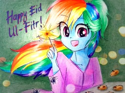 Size: 3091x2318 | Tagged: safe, artist:liaaqila, imported from derpibooru, rainbow dash, equestria girls, eid al-fitr, female, solo, traditional art