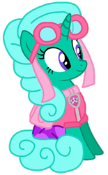 Size: 612x984 | Tagged: safe, alternate version, artist:徐詩珮, imported from derpibooru, glitter drops, pony, unicorn, series:sprglitemplight diary, series:sprglitemplight life jacket days, series:springshadowdrops diary, series:springshadowdrops life jacket days, alternate universe, backpack, base used, clothes, cute, dress, eyelashes, female, goggles, mare, paw patrol, simple background, sitting, skye (paw patrol), smiling, solo, transparent background