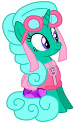 Size: 604x981 | Tagged: safe, artist:徐詩珮, imported from derpibooru, glitter drops, pony, unicorn, series:sprglitemplight diary, series:sprglitemplight life jacket days, series:springshadowdrops diary, series:springshadowdrops life jacket days, alternate universe, backpack, base used, clothes, cute, dress, eyelashes, female, frown, goggles, mare, paw patrol, simple background, sitting, skye (paw patrol), solo, transparent background