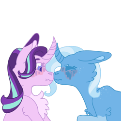 Size: 1280x1280 | Tagged: safe, artist:robinblood, imported from derpibooru, starlight glimmer, trixie, pony, unicorn, blushing, boop, chest fluff, curved horn, female, horn, lesbian, mare, noseboop, profile, scrunchy face, shipping, simple background, startrix, transparent background