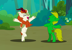 Size: 2934x2043 | Tagged: safe, artist:optimusv42, imported from derpibooru, autumn blaze, oc, oc:jungle heart, earth pony, gorilla, kirin, pony, bipedal, chest beating, chest pounding, forest, forest background, friendship troopers, jungle heart, jungle pony, my little pony friendship troopers, singing, tarzan