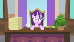 Size: 1024x576 | Tagged: safe, artist:agrol, imported from derpibooru, phyllis, starlight glimmer, unicorn, headmare of the school, book, eating, looking at you, mouth hold, plant