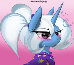 Size: 2245x1967 | Tagged: safe, artist:therealf1rebird, imported from derpibooru, trixie, pony, unicorn, alternate hairstyle, babysitter trixie, blatant lies, blushing, bust, cloak, clothes, cute, diatrixes, ears, eye, eyes, female, gameloft, gameloft interpretation, horn, i'm not cute, mane, mouth, pigtails, portrait, solo, stars, tsundere, tsunderixie