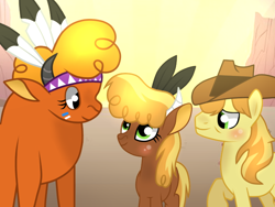 Size: 640x480 | Tagged: safe, artist:themune, imported from derpibooru, braeburn, little strongheart, buffalo, earth pony, hybrid, pony, bisony, blushing, braeheart, family, female, interspecies offspring, male, offspring, parent:braeburn, parent:little strongheart, parents:braeheart, shipping, straight