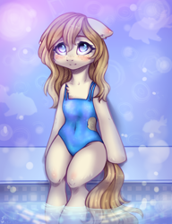 Size: 2000x2600 | Tagged: safe, artist:zefirka, imported from derpibooru, oc, oc only, oc:creamy, earth pony, pony, semi-anthro, blushing, breasts, clothes, commission, ear blush, female, mare, one-piece swimsuit, solo, swimming pool, swimsuit, water, ych result