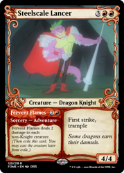 Size: 375x523 | Tagged: safe, edit, imported from derpibooru, spike, dragon, a dog and pony show, armor, beefspike, boots, cape, ccg, clothes, lance, magic the gathering, pants, shoes, trading card, trading card edit, weapon