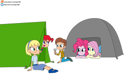 Size: 6000x3768 | Tagged: safe, artist:eagc7, imported from derpibooru, fluttershy, pinkie pie, equestria girls, annika, camping, commission, equestria girls-ified, female, ko-fi, male, patreon, pippi longstocking, simple background, tent, tents, tommy, transparent background