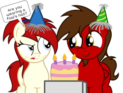 Size: 1600x1200 | Tagged: safe, artist:toyminator900, imported from derpibooru, oc, oc only, oc:chip, oc:silver draw, pegasus, pony, unicorn, an-tonio's birthday, birthday, birthday cake, birthday gift, cake, candle, duo, facial hair, female, food, freckles, hat, male, mare, party hat, show accurate, simple background, smiling, speech bubble, stallion, transparent background