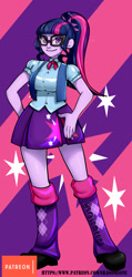 Size: 570x1200 | Tagged: safe, alternate version, artist:srasomeone, imported from derpibooru, sci-twi, twilight sparkle, equestria girls, backpack, clothes, cute, cutie mark, cutie mark on clothes, female, glasses, pleated skirt, skirt, smiling, solo, twiabetes