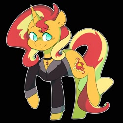 Size: 1750x1750 | Tagged: safe, artist:hellscrossing, imported from derpibooru, sunset shimmer, pony, unicorn, black background, clothes, female, jacket, simple background, solo