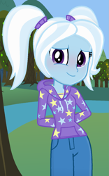 Size: 809x1294 | Tagged: safe, artist:grapefruitface1, artist:limedreaming, imported from derpibooru, trixie, equestria girls, alternate hairstyle, arm behind back, babysitter trixie, blushing, clothes, cute, daaaaaaaaaaaw, diatrixes, female, gameloft, gameloft interpretation, hoodie, looking at you, outdoors, pigtails, show accurate, smiling, solo, twintails