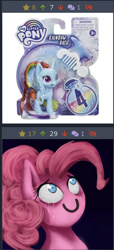 Size: 436x958 | Tagged: safe, imported from derpibooru, pinkie pie, rainbow dash, earth pony, pegasus, pony, derpibooru, my little pony: pony life, female, g4.5, irl, juxtaposition, meta, photo, toy, wat