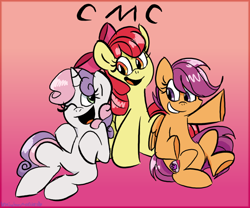 Size: 800x666 | Tagged: safe, artist:mirabuncupcakes15, imported from derpibooru, apple bloom, scootaloo, sweetie belle, earth pony, pegasus, pony, unicorn, adorabloom, cute, cutealoo, cutie mark crusaders, diasweetes, female, filly, grin, happy, one eye closed, open mouth, raised hoof, sitting, smiling, trio, wink