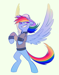 Size: 1019x1299 | Tagged: safe, artist:draw3, imported from derpibooru, daring do, rainbow dash, pegasus, pony, bipedal, clothes, female, green background, hat, mare, neck fluff, pose, simple background, smiling, solo, wings