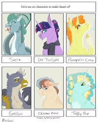 Size: 1280x1606 | Tagged: safe, artist:echabi, artist:joburii, imported from derpibooru, gallus, pumpkin cake, twilight sparkle, oc, oc:taffy pop, earth pony, griffon, pony, siren, unicorn, six fanarts, bust, clothes, earth pony oc, fangs, female, male, mare, older, scarf, siren oc, smiling, tongue out, unicorn twilight