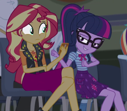 Size: 600x522 | Tagged: safe, imported from derpibooru, screencap, sci-twi, sunset shimmer, twilight sparkle, cheer you on, equestria girls, spoiler:eqg series (season 2), cellphone, cropped, female, geode of empathy, geode of telekinesis, glasses, magical geodes, phone, smartphone