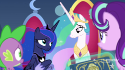 Size: 1280x720 | Tagged: safe, imported from derpibooru, screencap, princess celestia, princess luna, spike, starlight glimmer, alicorn, dragon, pony, unicorn, memories and more, spoiler:memories and more, spoiler:mlp friendship is forever