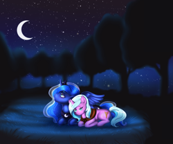 Size: 3543x2952 | Tagged: safe, artist:wild-fluff, idw, imported from derpibooru, princess luna, radiant hope, alicorn, pony, unicorn, clothes, crescent moon, crown, female, jewelry, lesbian, lunahope, lying down, mare, moon, night, outdoors, peytral, prone, regalia, scarf, shipping, tiara, tree