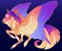 Size: 3703x3058 | Tagged: safe, artist:turnipberry, imported from derpibooru, oc, oc only, oc:evening breeze, alicorn, pony, alicorn oc, chest feathers, colored hooves, colored wings, colored wingtips, commission, cutie mark, dark background, female, flying, horn, large wings, magical lesbian spawn, mare, offspring, parent:fluttershy, parent:twilight sparkle, parents:twishy, realistic horse legs, simple background, solo, wings