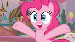 Size: 1280x720 | Tagged: safe, imported from derpibooru, screencap, pinkie pie, earth pony, pony, memories and more, spoiler:memories and more, spoiler:mlp friendship is forever, 9now, beautiful, cute, diapinkes, female, happy, mare, open mouth, raised hooves, smiling, solo, wide eyes