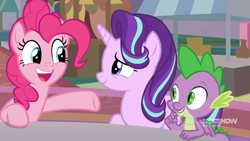 Size: 1280x720 | Tagged: safe, imported from derpibooru, screencap, pinkie pie, spike, starlight glimmer, memories and more, the last problem, spoiler:memories and more, spoiler:mlp friendship is forever, 9now, smiling