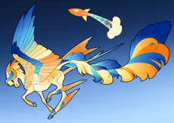 Size: 2865x2030 | Tagged: safe, artist:turnipberry, imported from derpibooru, oc, oc only, oc:shock diamond, pegasus, pony, blue background, colored hooves, colored wings, commission, cutie mark, female, galloping, gradient background, leonine tail, magical lesbian spawn, mare, multicolored wings, offspring, parent:rainbow dash, parent:sunset shimmer, parents:sunsetdash, realistic horse legs, simple background, solo, tail feathers, winged hooves, wings