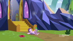 Size: 1920x1080 | Tagged: safe, edit, imported from derpibooru, screencap, spike, starlight glimmer, dragon, pony, unicorn, memories and more, molt down, the last problem, spoiler:memories and more, spoiler:mlp friendship is forever, castle, cropped, female, gift wrapped, lying down, male, mare, on back, shipping, solo, sparlight, stone scales, straight