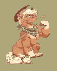 Size: 2046x2555 | Tagged: safe, artist:olivecow, imported from derpibooru, applejack, earth pony, pony, applejacked, cowboy hat, female, flexing, green background, grin, hat, hay stalk, mare, missing cutie mark, muscles, neckerchief, palindrome get, redesign, scar, simple background, sitting, smiling, solo, straw in mouth