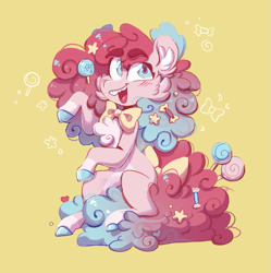 Size: 1623x1627 | Tagged: safe, artist:olivecow, imported from derpibooru, pinkie pie, earth pony, pony, bowtie, candy, cheek fluff, chest fluff, colored hooves, ear fluff, female, food, lollipop, mare, missing cutie mark, redesign, simple background, sitting, smiling, solo, yellow background