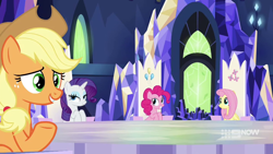 Size: 1280x720 | Tagged: safe, imported from derpibooru, screencap, applejack, fluttershy, pinkie pie, rarity, earth pony, pegasus, unicorn, memories and more, spoiler:memories and more, spoiler:mlp friendship is forever, applejack's hat, cowboy hat, cutie map, friendship throne, hat, looking at someone, sitting, smiling, throne room