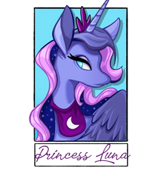 Size: 772x799 | Tagged: safe, alternate version, artist:art_bonjourdepro, imported from derpibooru, princess luna, alicorn, pony, bedroom eyes, bust, ethereal mane, female, mare, peytral, solo, starry mane