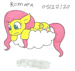 Size: 926x883 | Tagged: safe, artist:cmara, imported from derpibooru, fluttershy, pegasus, pony, cloud, female, mare, scared, solo, traditional art