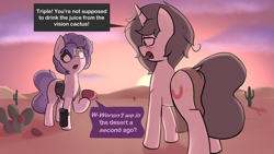 Size: 2176x1224 | Tagged: safe, artist:triplesevens, imported from derpibooru, oc, oc only, oc:short fuse, oc:triple sevens, pony, unicorn, bag, cactus, cactus juice, desert, dialogue, duo, eyes rolling back, hallucination, implied drug use, loincloth, male, outdoors, saddle bag, speech bubble, stallion, sunset, swirly eyes