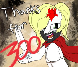 Size: 1000x864 | Tagged: safe, artist:trash anon, imported from derpibooru, oc, oc only, oc:epithumia, earth pony, pony, 300, bipedal, body painting, bodypaint, cape, clothes, fake beard, fake sword, female, flower, flower in hair, follower count, milestone, open mouth, parody, scowl, scowling, simple background, tape, thanks, tongue out