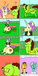 Size: 1600x3200 | Tagged: safe, artist:eternaljonathan, imported from derpibooru, cheese sandwich, donut joe, fancypants, soarin', oc, earth pony, pegasus, pony, unicorn, comic:super party fusion, butt, canterlot, canterlot castle, chair, clothes, comic, commissioner:bigonionbean, crush, crushing, cutie mark, dat ass was fat, dialogue, female, flank, forced, fusion, glasses, hat, jiggle, lab coat, magic, maid, male, mare, panicking, plot, potion, scientist, screaming, stallion, swelling, table, the ass was fat, thicc ass, trash, writer:bigonionbean