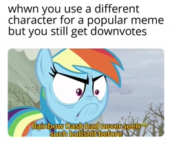 Size: 1408x1152 | Tagged: safe, edit, edited screencap, imported from derpibooru, screencap, rainbow dash, pegasus, pony, tanks for the memories, angry, caption, do i look angry, downvote bait, female, image macro, mare, meme, solo, text, thomas the tank engine, vulgar