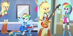 Size: 1006x508 | Tagged: safe, imported from derpibooru, applejack, pinkie pie, rainbow dash, a case for the bass, equestria girls, guitar centered, rainbow rocks, 2020, 2020s, boots, cheering, clothes, compression shorts, cowboy boots, cowboy hat, cowgirl, denim skirt, duo, electric guitar, female, freckles, green eyes, guitar, happy, hat, musical instrument, pink eyes, saxophone, shipping fuel, shoes, shorts, shorts under skirt, skirt, smiling, tomboy, wristband