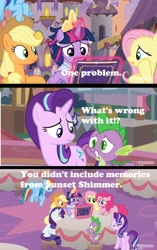 Size: 1324x2104 | Tagged: safe, edit, edited screencap, imported from derpibooru, screencap, applejack, fluttershy, pinkie pie, rainbow dash, rarity, spike, starlight glimmer, sunset shimmer, twilight sparkle, alicorn, dragon, pony, memories and more, the last problem, spoiler:memories and more, book, clothes, comic, coronation dress, dress, mane seven, mane six, meme, screencap comic, second coronation dress, text, twilight sparkle (alicorn), winged spike, wings