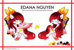 Size: 2200x1500 | Tagged: safe, artist:amethystbougainvillea, imported from derpibooru, oc, oc:edana nguyen, pegasus, pony, project seaponycon, fan, mascot, nation ponies, ponified, reference sheet, vietnam