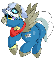 Size: 851x939 | Tagged: safe, artist:rainbowtashie, imported from derpibooru, caboose, silver lining, silver zoom, oc, oc:air brakes, earth pony, pegasus, pony, butt, clothes, commissioner:bigonionbean, conductor hat, cutie mark, extra thicc, flank, fusion, fusion:air brakes, fusion:caboose, goggles, hat, male, plot, scarf, simple background, stallion, the ass was fat, thicc ass, transparent background, uniform, wonderbolts, wonderbolts uniform, writer:bigonionbean