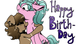 Size: 1182x665 | Tagged: safe, artist:nerdial, imported from derpibooru, oc, oc:magicalmysticva, oc:mystic moonlight, pony, unicorn, birthday, brown mane, female, happy birthday, hug, mare, pink coat, transparent background, voice actor