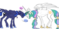 Size: 2000x1000 | Tagged: safe, artist:snowberry, imported from derpibooru, princess celestia, princess luna, alicorn, pony, blushing, brothers, duo, duo male, femboy, jewelry, looking at each other, male, prince artemis, prince solaris, regalia, royal brothers, rule 63, siblings, simple background, sketch, stallion, unshorn fetlocks, white background