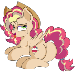 Size: 908x880 | Tagged: safe, artist:rainbowtashie, imported from derpibooru, applejack, pinkie pie, rainbow dash, sunset shimmer, oc, oc:queen motherly morning, alicorn, pony, alicorn oc, alicorn princess, aroused, bedroom eyes, butt, commissioner:bigonionbean, cowboy hat, cutie mark, drool, extra thicc, female, flank, fusion, fusion:applejack, fusion:pinkie pie, fusion:queen motherly morning, fusion:rainbow dash, fusion:sunset shimmer, hat, horn, mare, plot, simple background, stetson, tail, tail aside, the ass was fat, thicc ass, transparent background, wings, writer:bigonionbean