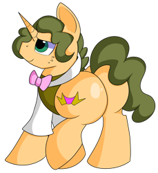 Size: 1280x1397 | Tagged: safe, artist:rainbowtashie, imported from derpibooru, cheese sandwich, fancypants, oc, oc:celebratory attire, earth pony, pony, unicorn, bowtie, butt, clothes, commissioner:bigonionbean, cutie mark, extra thicc, flank, fusion, fusion:celebratory attire, fusion:cheese sandwich, fusion:fancypants, male, parent:cheese sandwich, parent:fancypants, plot, simple background, stallion, the ass was fat, thicc ass, transparent background, writer:bigonionbean