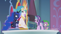 Size: 1280x720 | Tagged: safe, imported from derpibooru, screencap, princess celestia, princess luna, spike, starlight glimmer, alicorn, dragon, pony, unicorn, memories and more, spoiler:memories and more, spoiler:mlp friendship is forever, 9now, book, levitation, looking at each other, magic, magic aura, sad, scrapbook, telekinesis, winged spike, wings