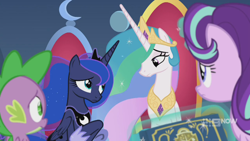 Size: 1280x720 | Tagged: safe, imported from derpibooru, screencap, princess celestia, princess luna, spike, starlight glimmer, alicorn, dragon, pony, unicorn, memories and more, spoiler:memories and more, spoiler:mlp friendship is forever, 9now, book, levitation, looking at each other, magic, magic aura, sad, scrapbook, telekinesis, winged spike, wings